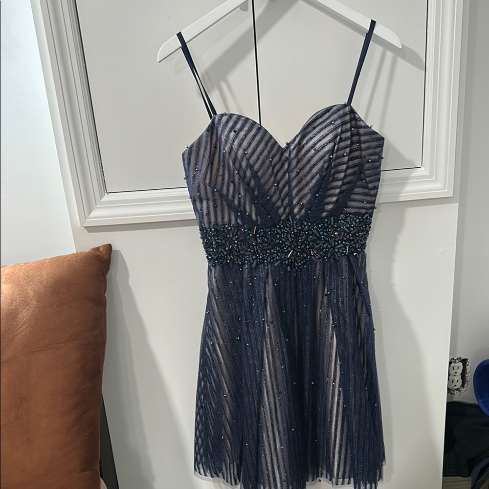 Navy Beaded Strapless Dress